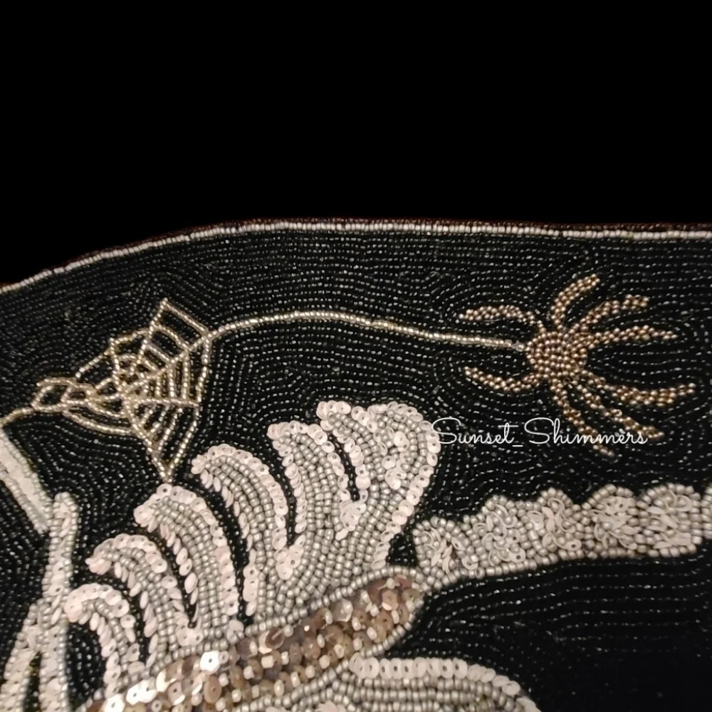 GOTH Halloween SKELETON in COFFIN Spider Web Beaded TABLE RUNNER Centerpiece New